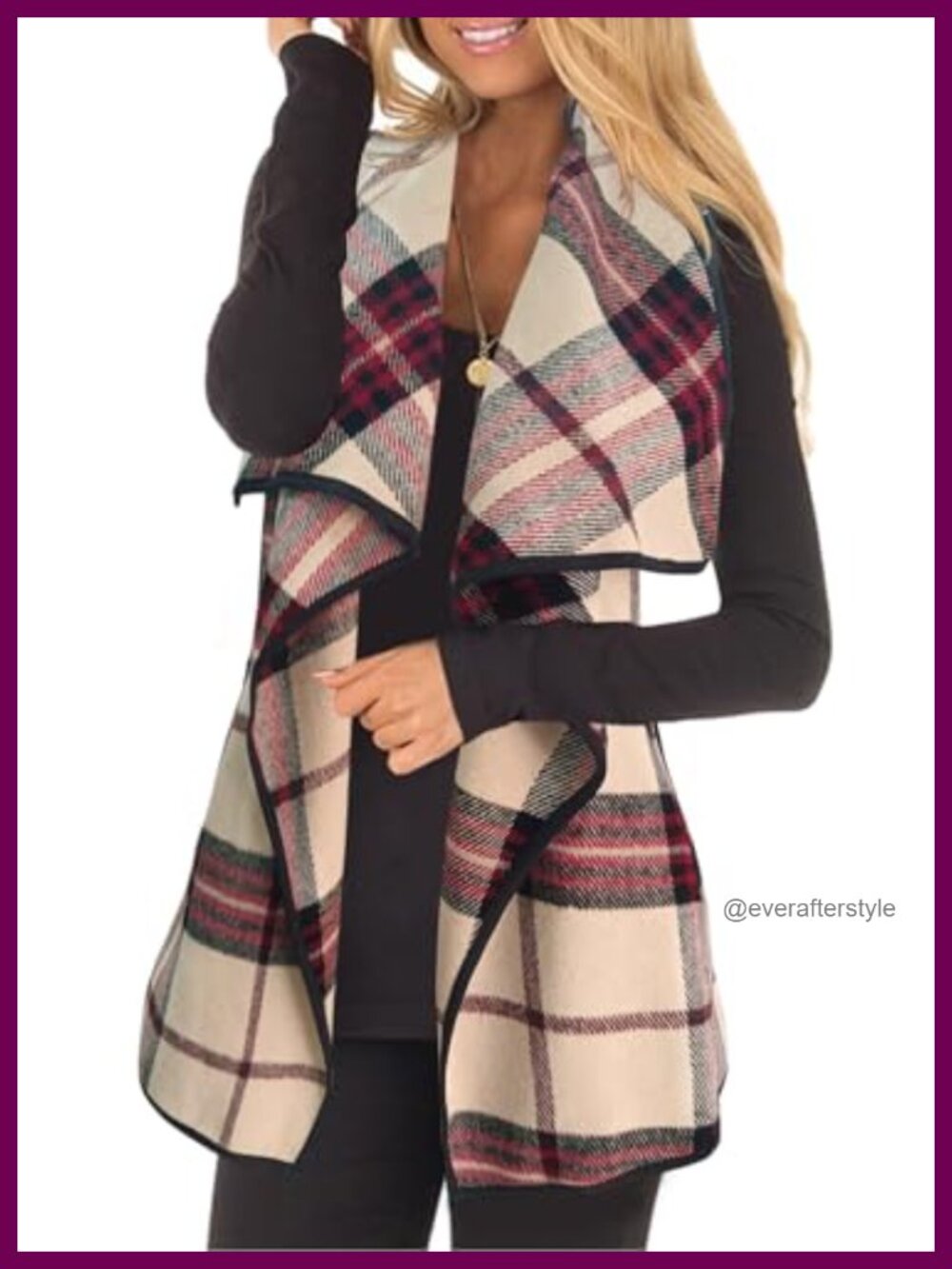 Plaid Open Front Sleeveless Cardigan Vest with Pockets